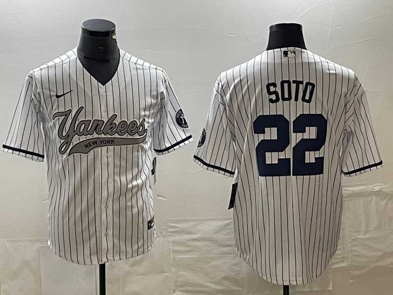 Mens New York Yankees #22 Juan Soto White With Patch Cool Base Stitched Baseball Jersey